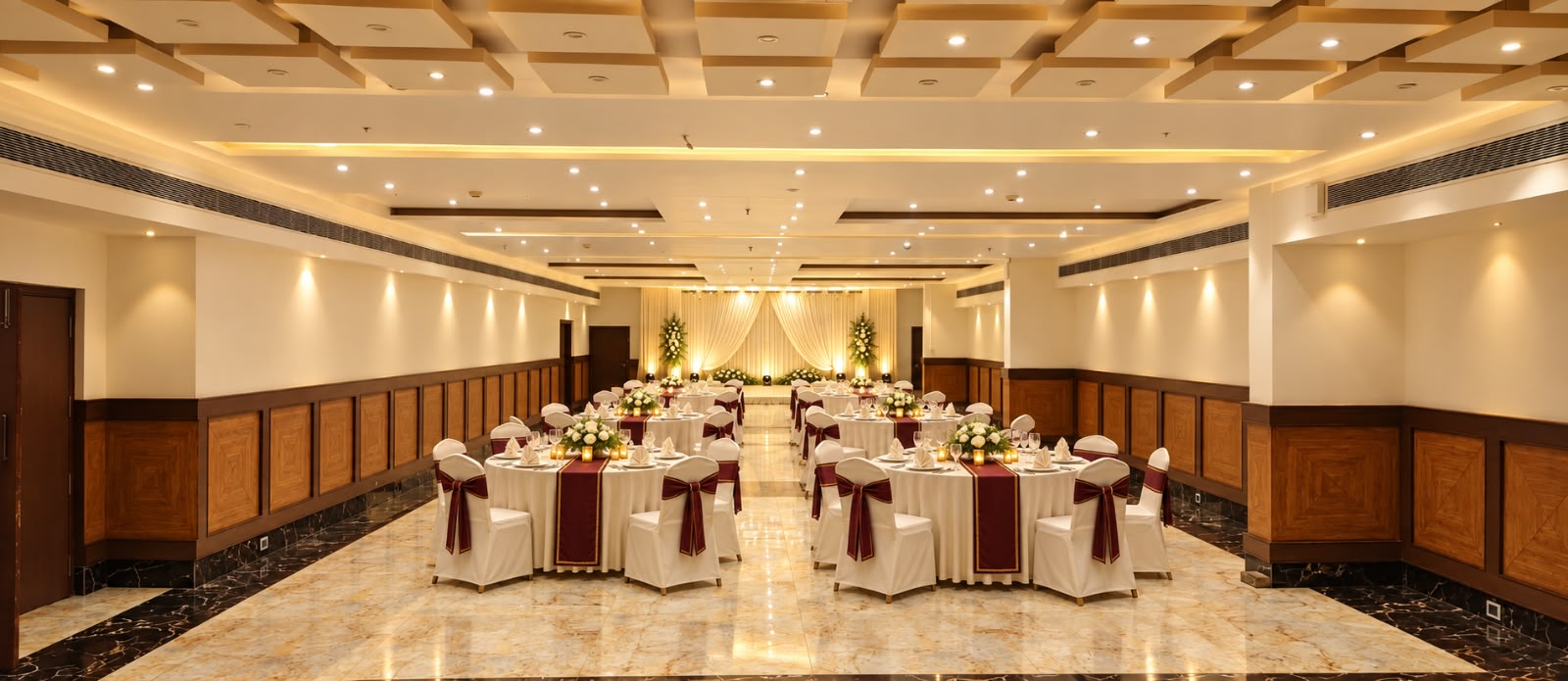 Celebrations Hall banquet setup at Hotel Preethi International, Mysuru