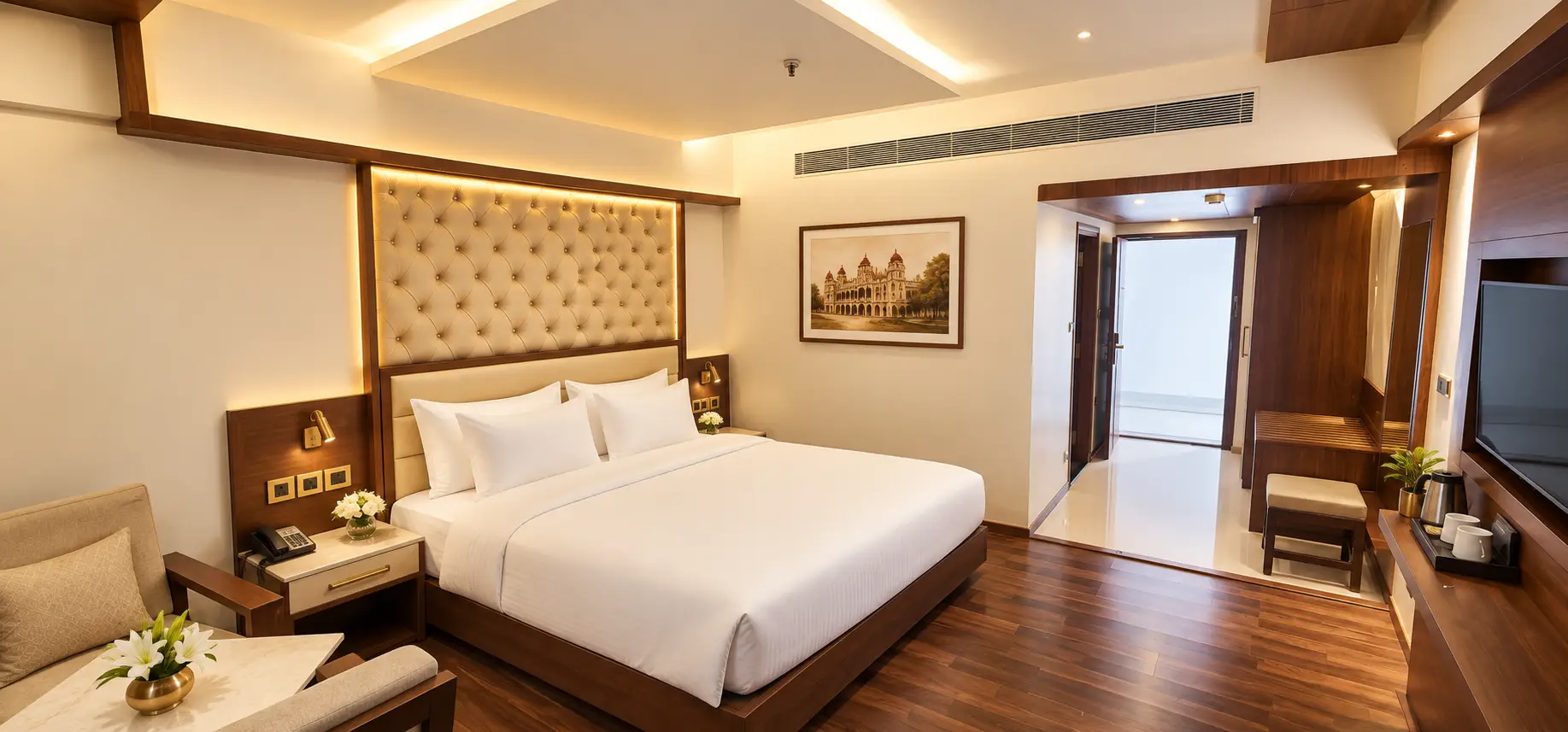 Deluxe King room with a king bed at Hotel Preethi International, Mysuru