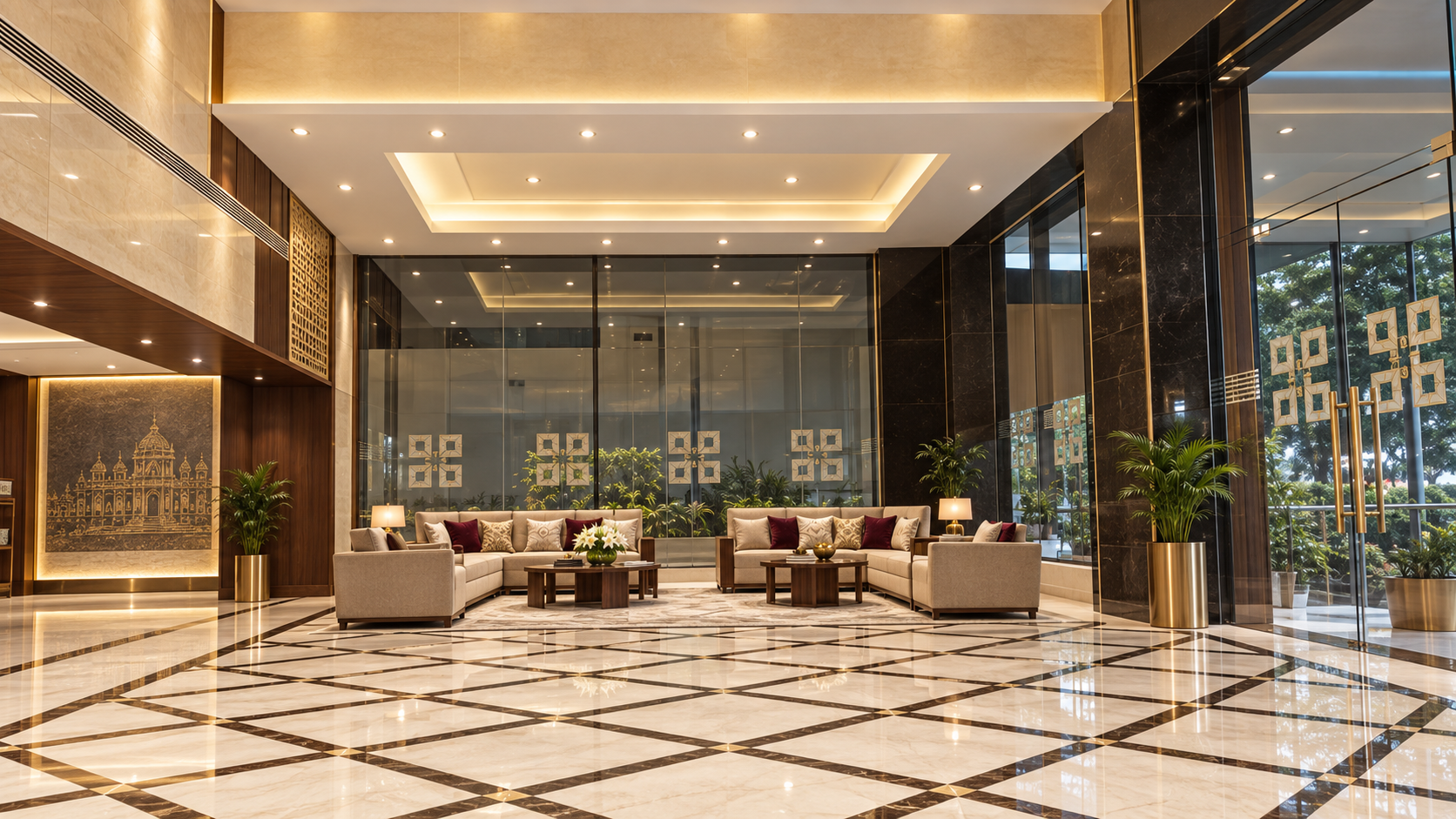 Premium lobby at Hotel Preethi International, Mysuru